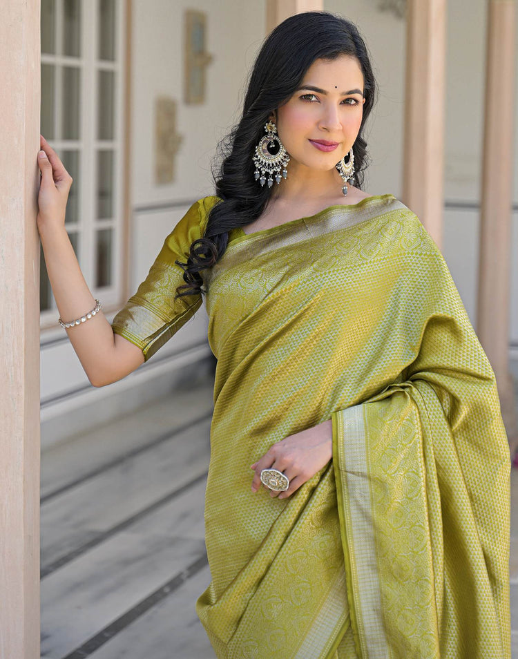 Olive Green Silk Woven Banarasi Saree