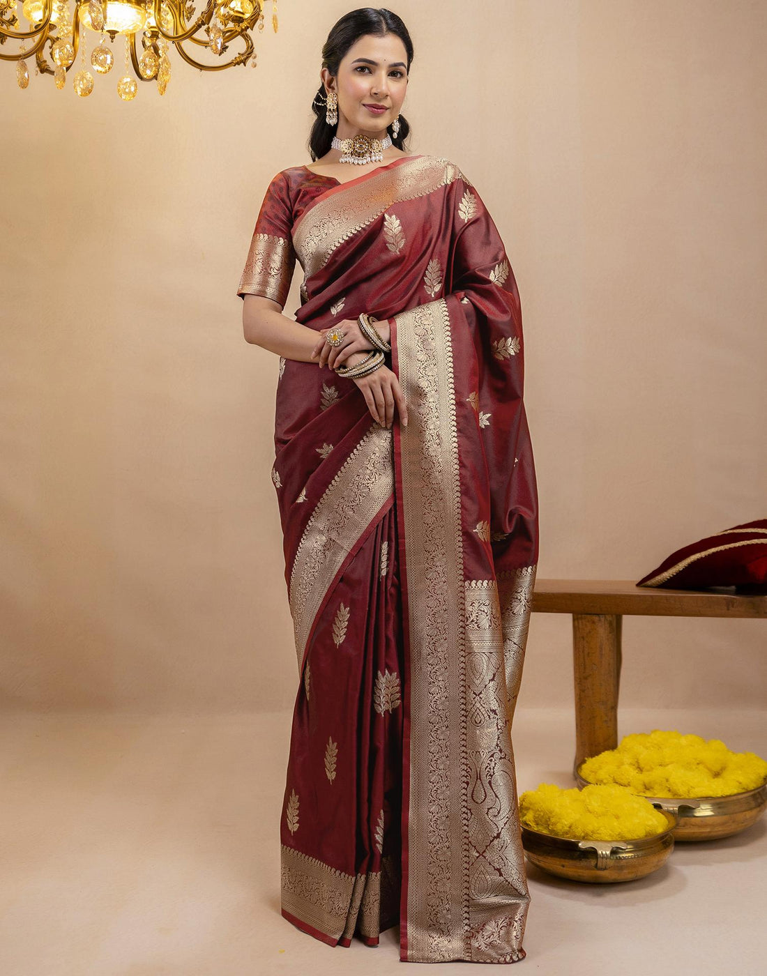 Dark Maroon Silk Woven Banarasi Saree