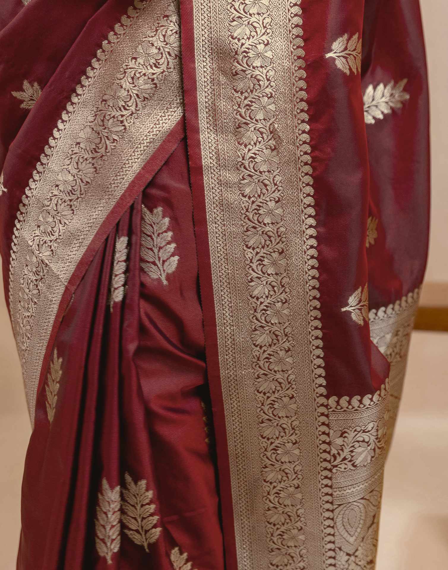 Dark Maroon Silk Woven Banarasi Saree