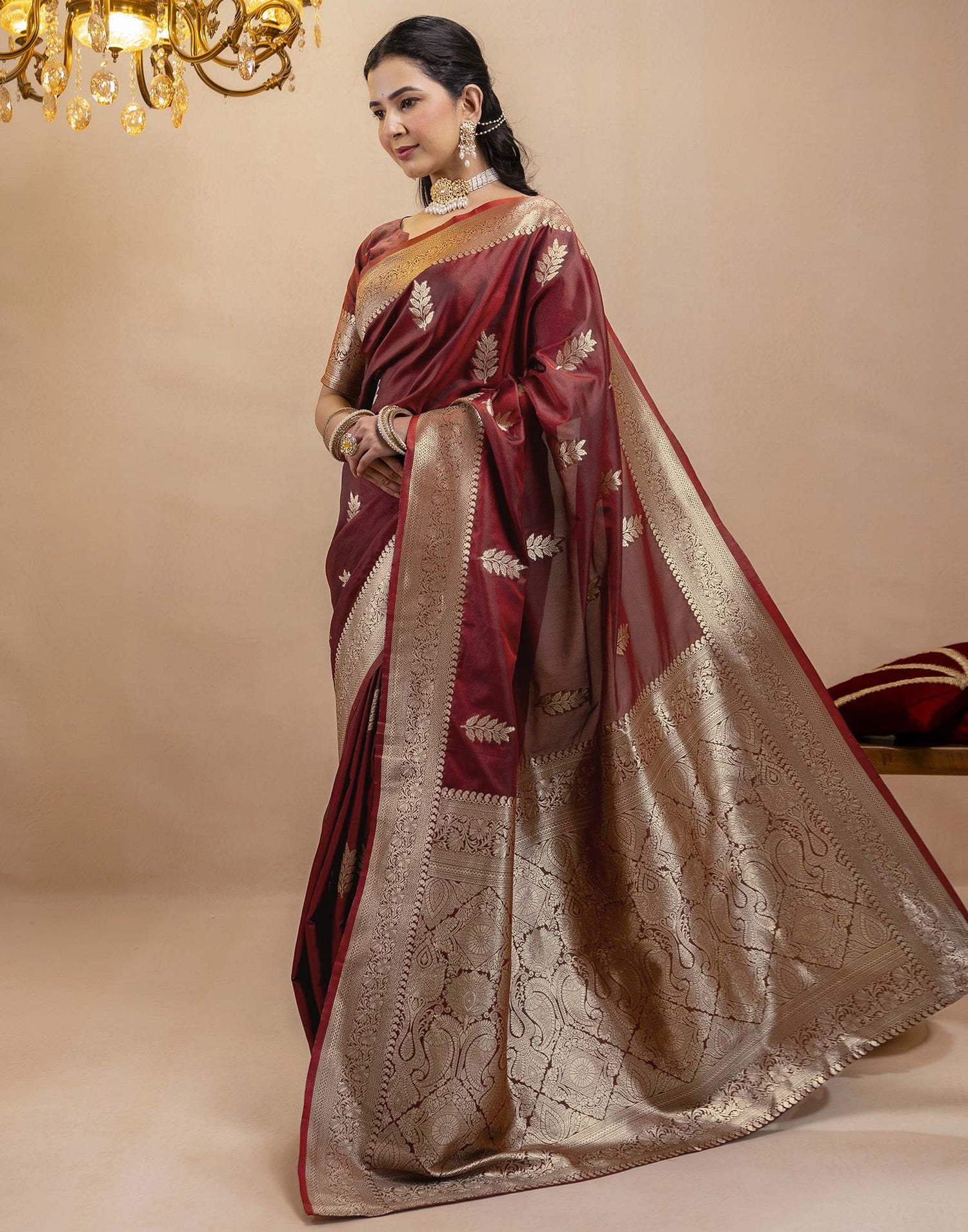 Dark Maroon Silk Woven Banarasi Saree