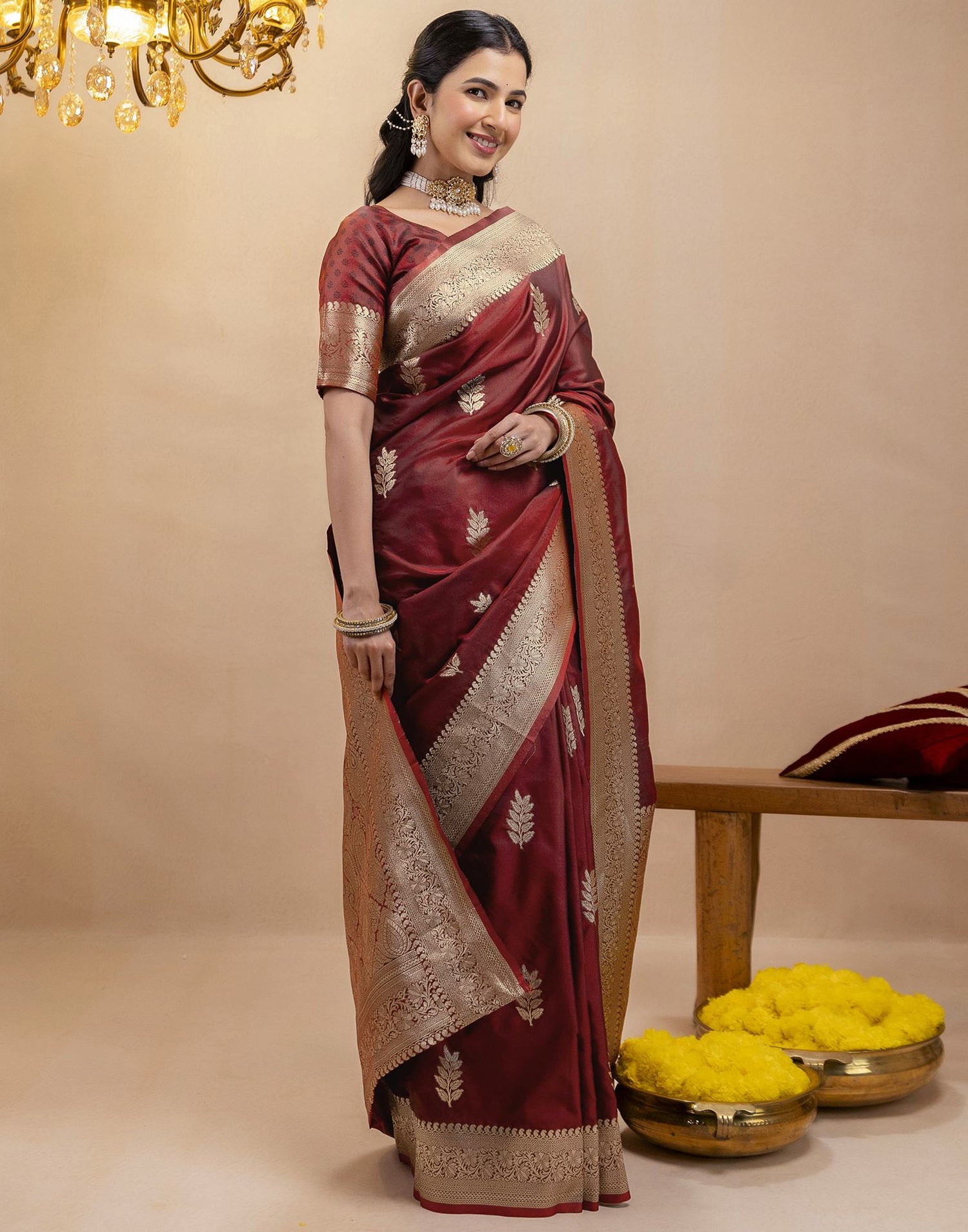 Dark Maroon Silk Woven Banarasi Saree