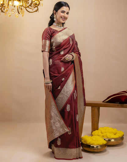 Dark Maroon Silk Woven Banarasi Saree