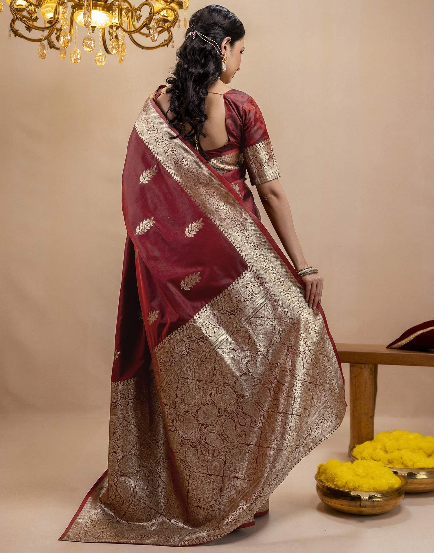 Dark Maroon Silk Woven Banarasi Saree
