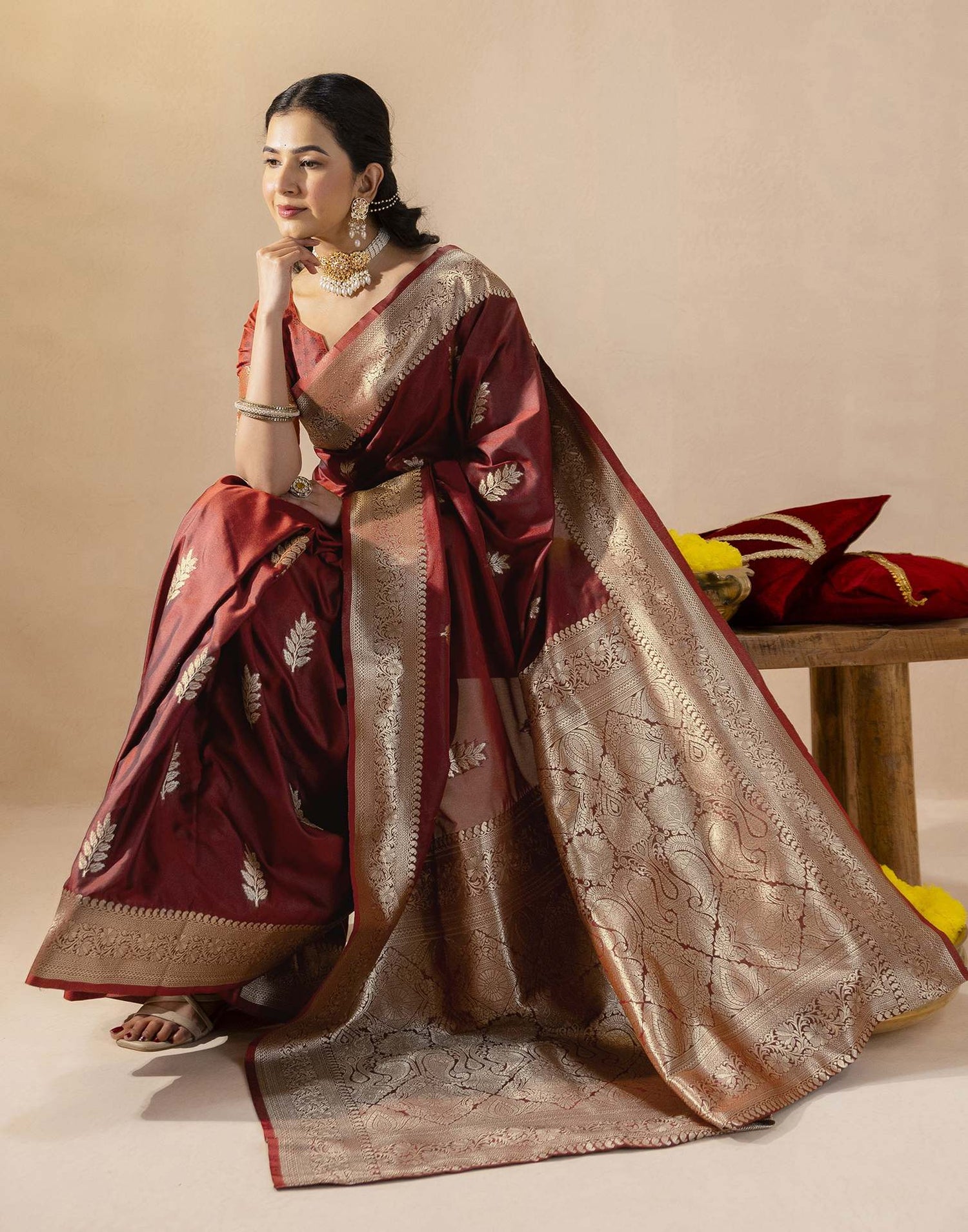 Dark Maroon Silk Woven Banarasi Saree