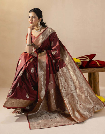 Dark Maroon Silk Woven Banarasi Saree