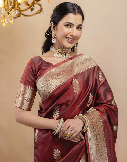 Dark Maroon Silk Woven Banarasi Saree