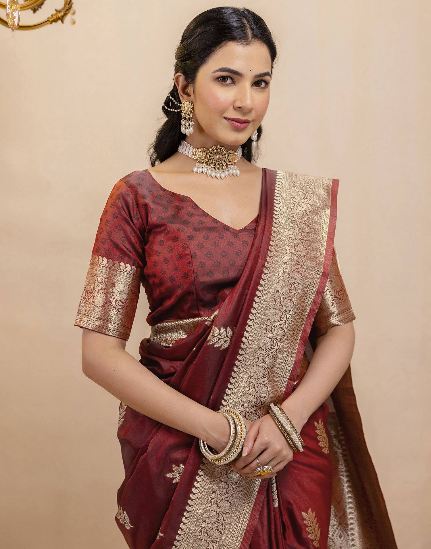 Dark Maroon Silk Woven Banarasi Saree