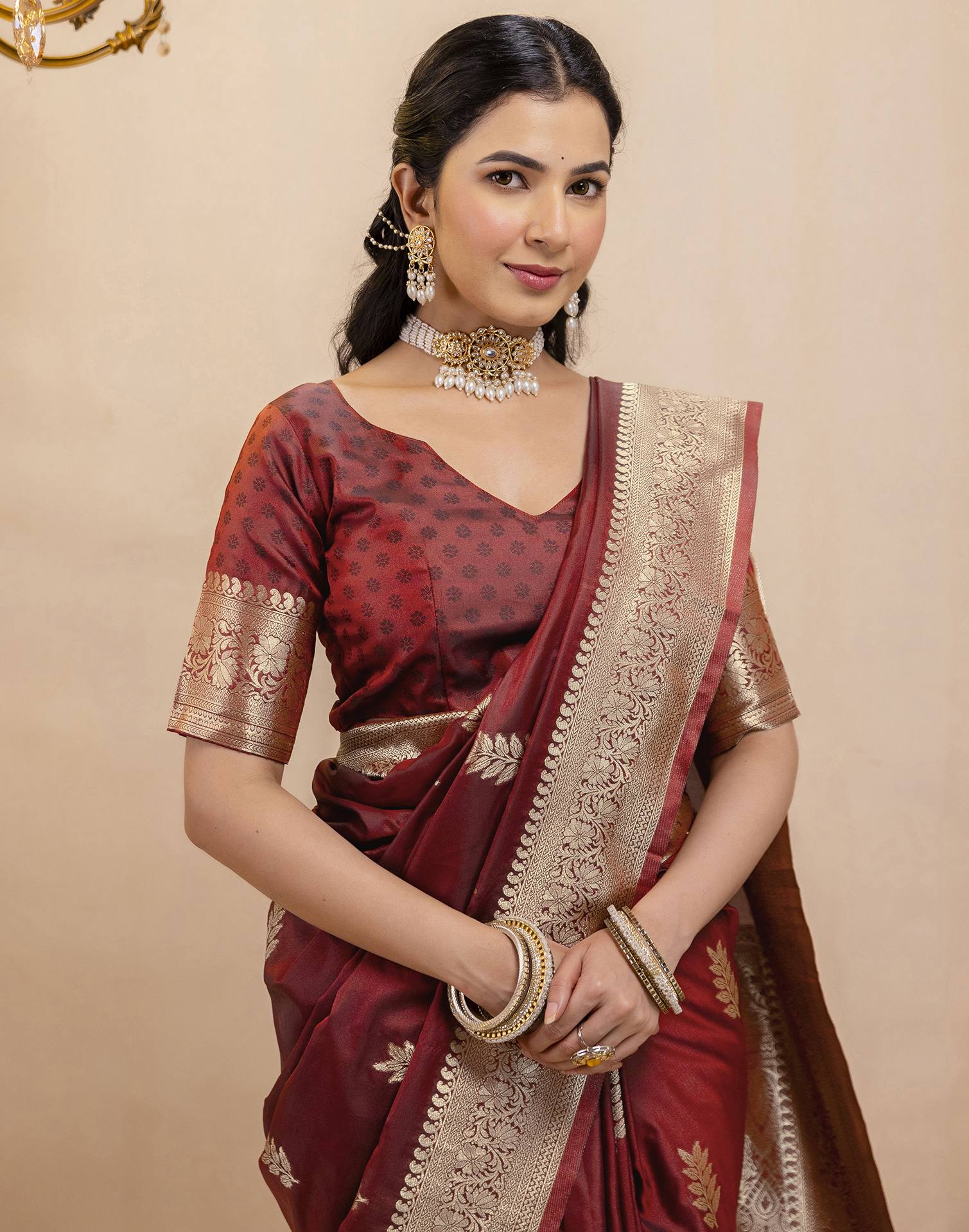 Dark Maroon Silk Woven Banarasi Saree