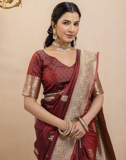 Dark Maroon Silk Woven Banarasi Saree