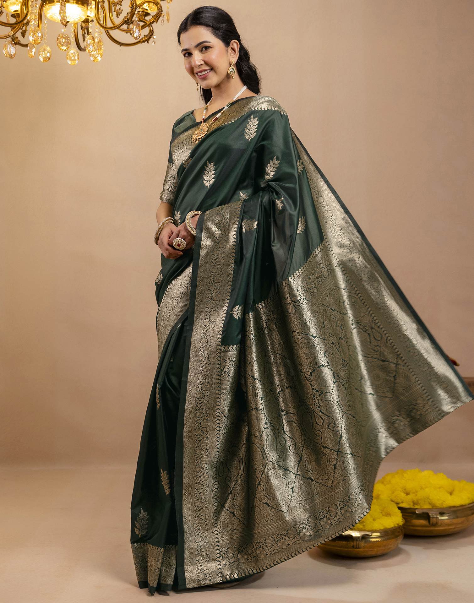 Bottle Green Silk Woven Banarasi Saree