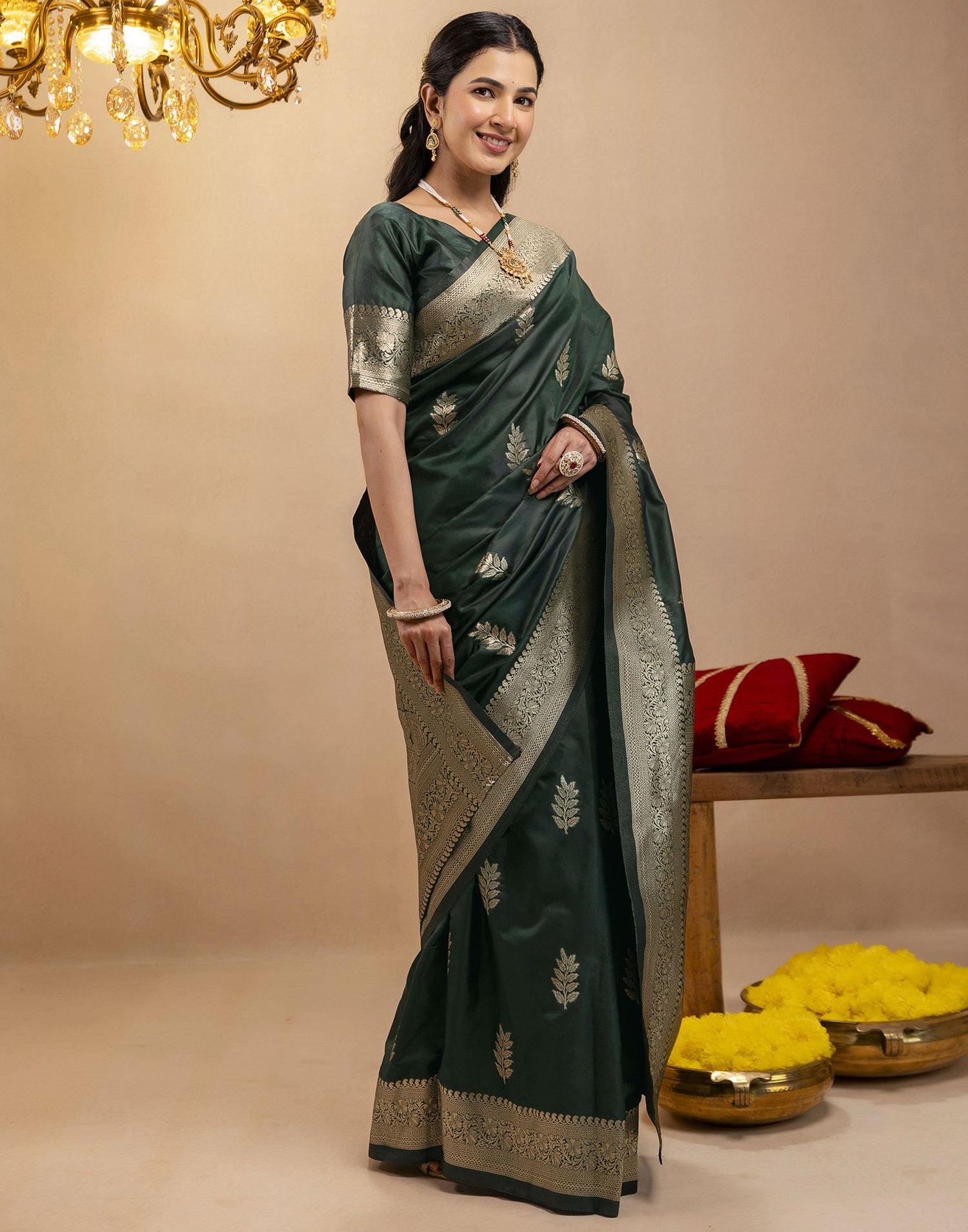 Bottle Green Silk Woven Banarasi Saree