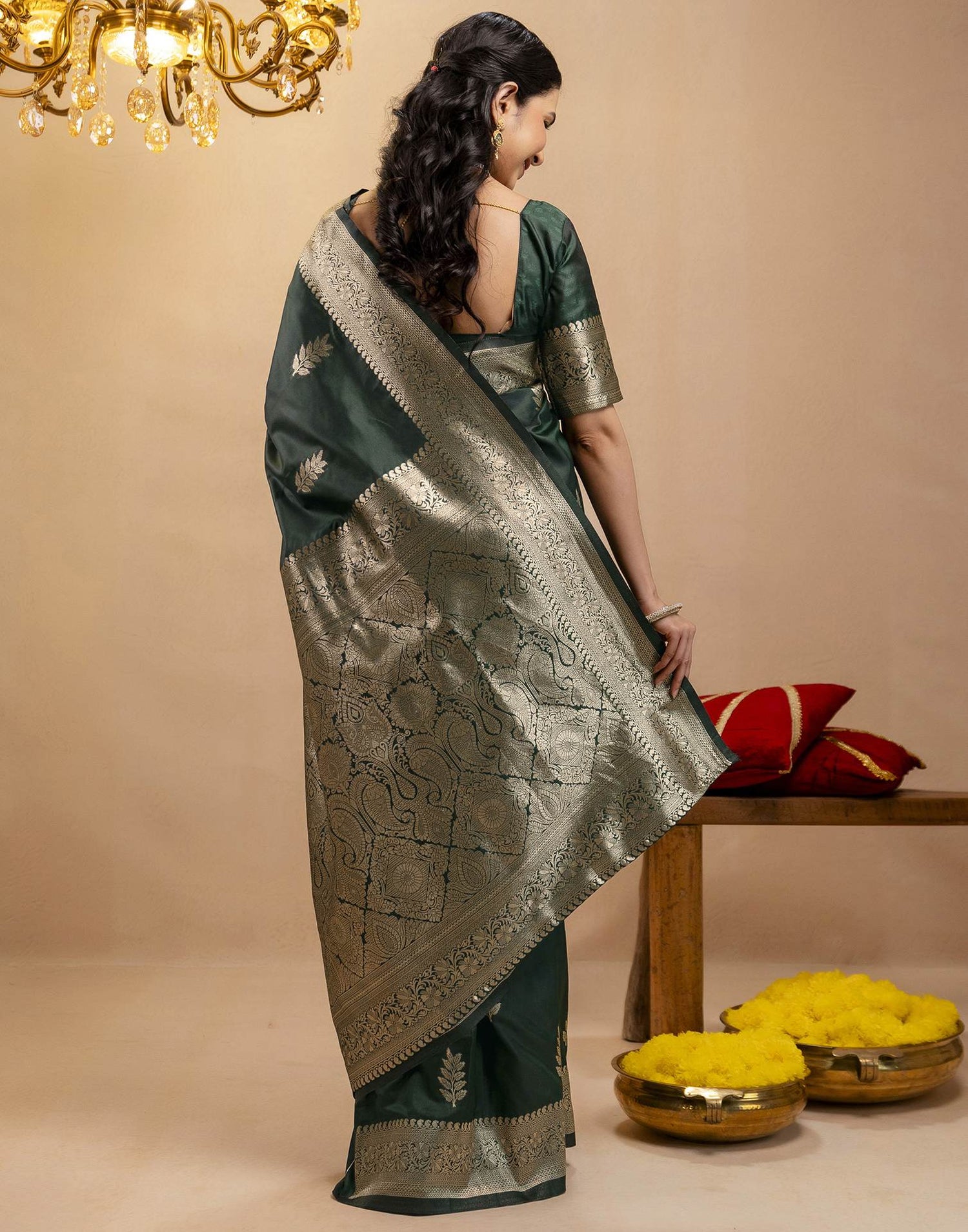 Bottle Green Silk Woven Banarasi Saree