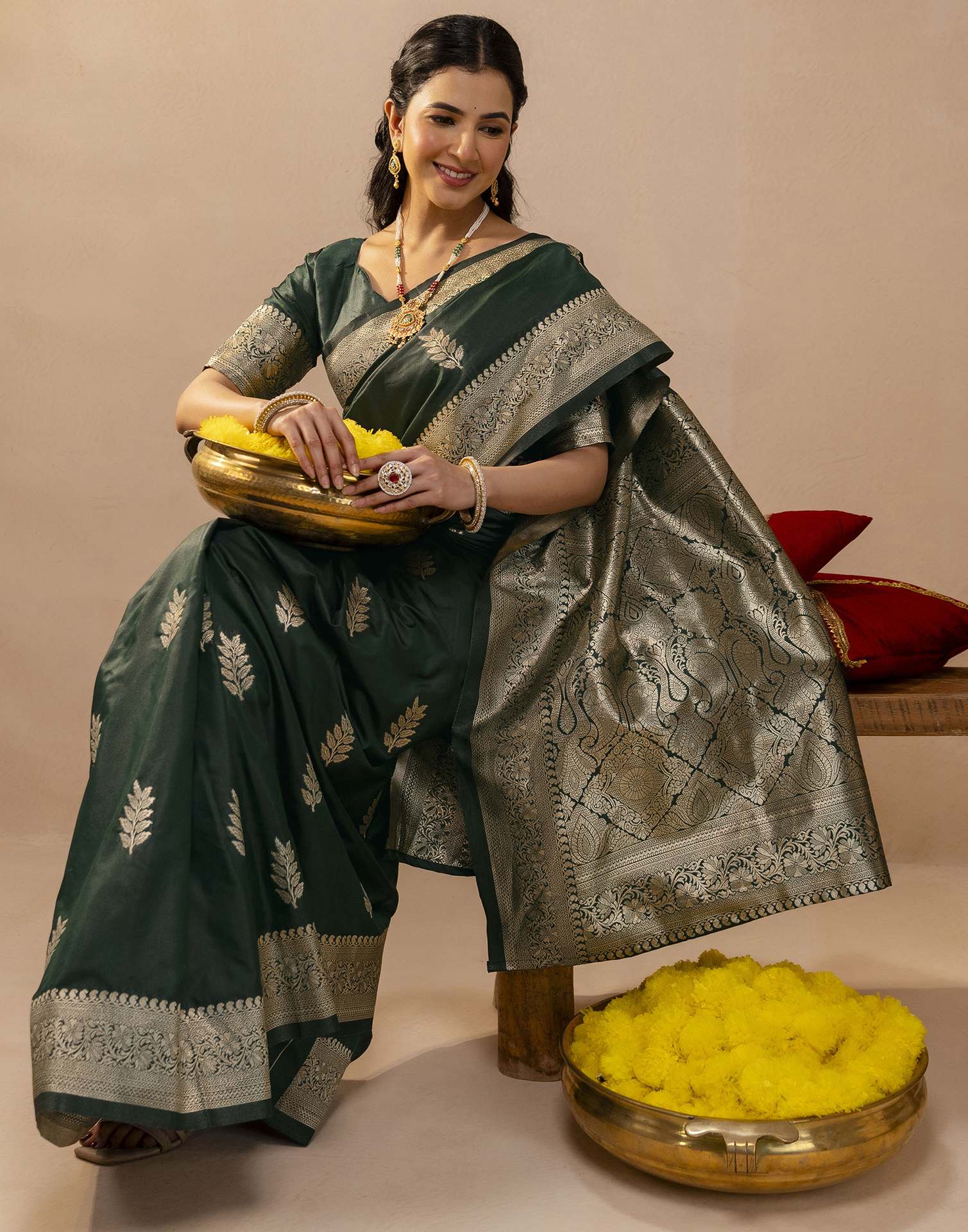 Bottle Green Silk Woven Banarasi Saree