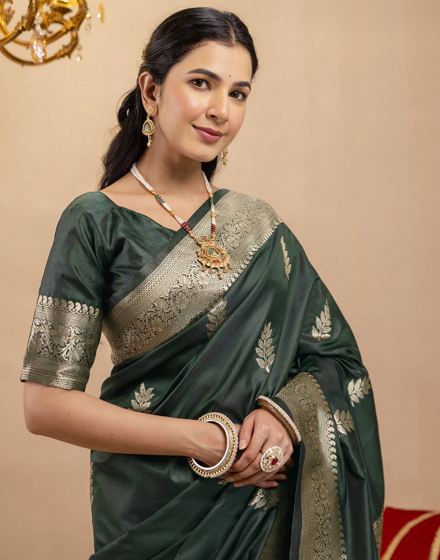 Bottle Green Silk Woven Banarasi Saree