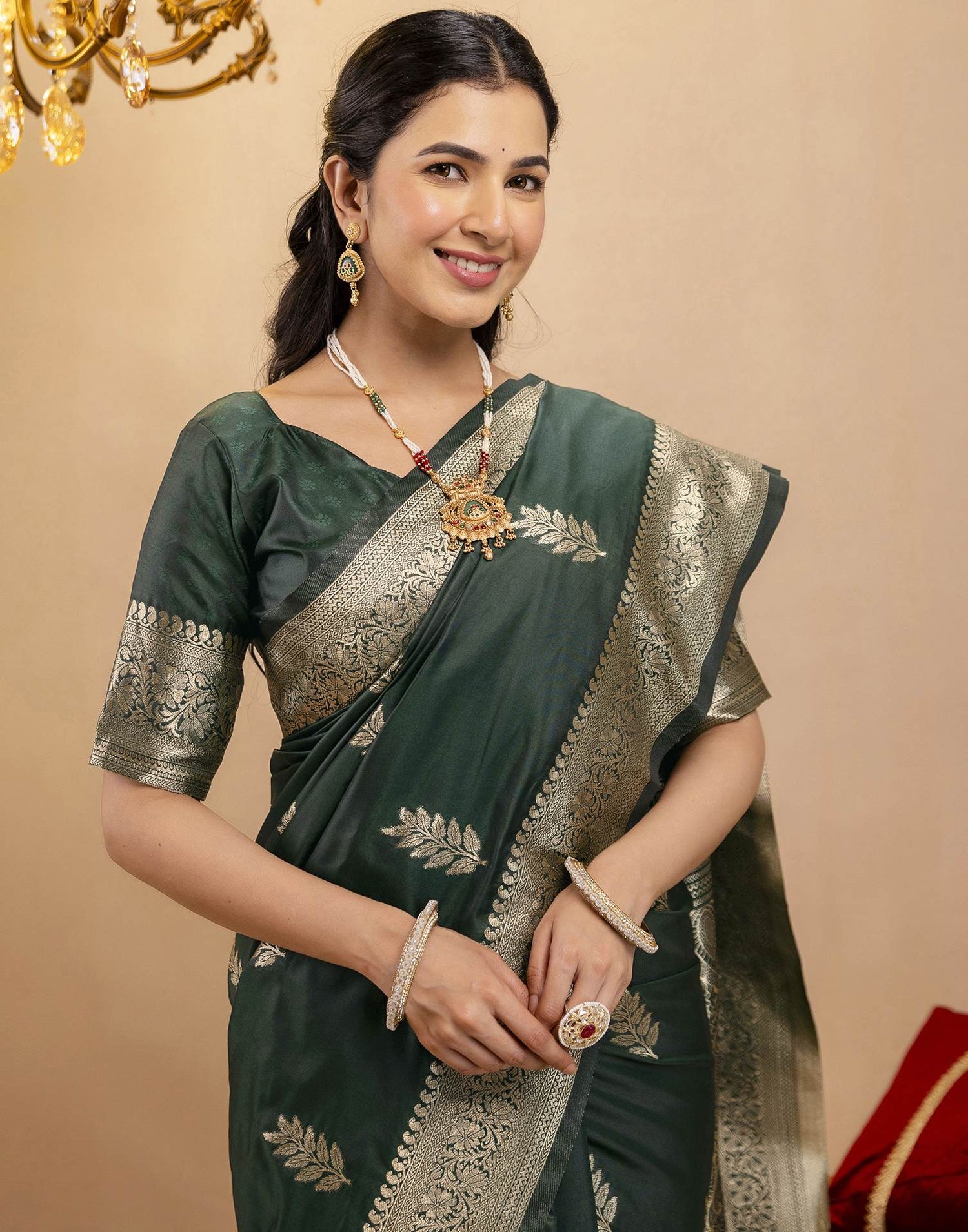 Bottle Green Silk Woven Banarasi Saree