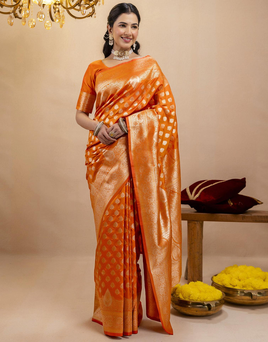 Orange Silk Woven Banarasi Saree
