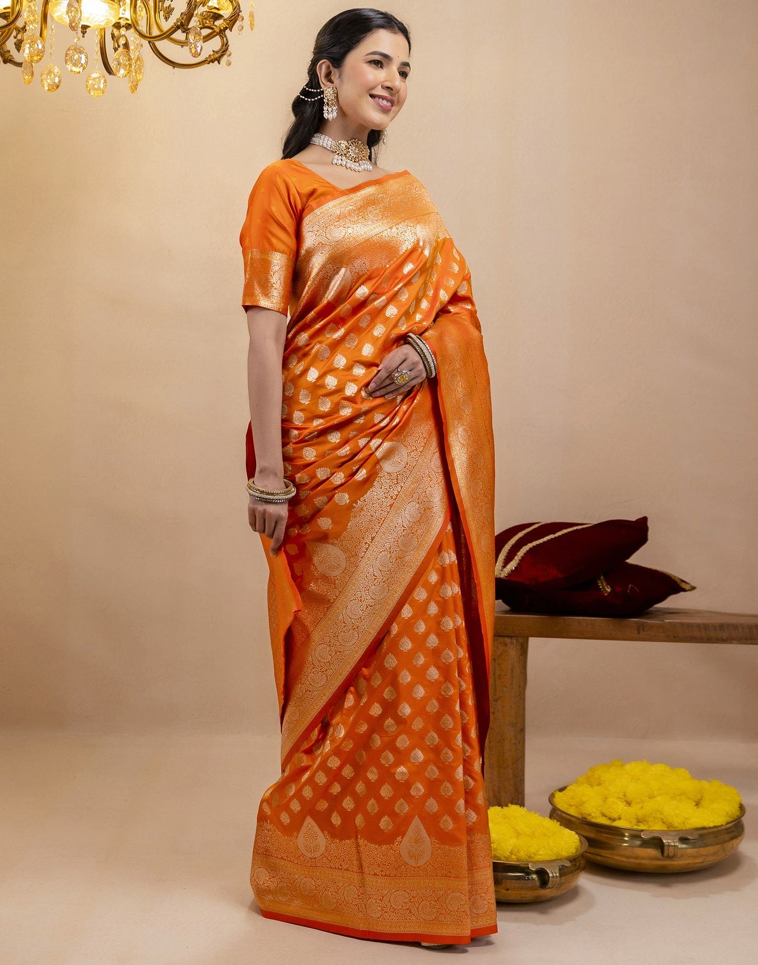 Orange Silk Woven Banarasi Saree