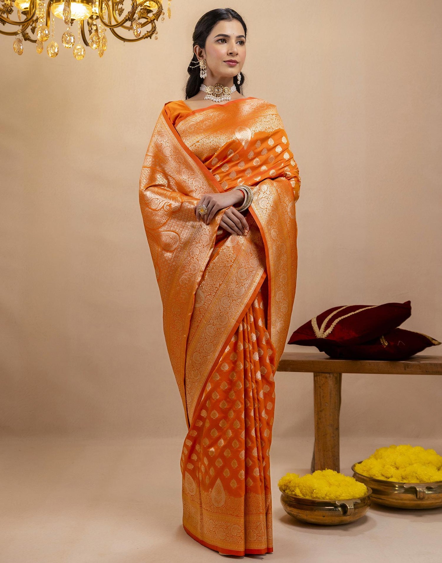 Orange Silk Woven Banarasi Saree