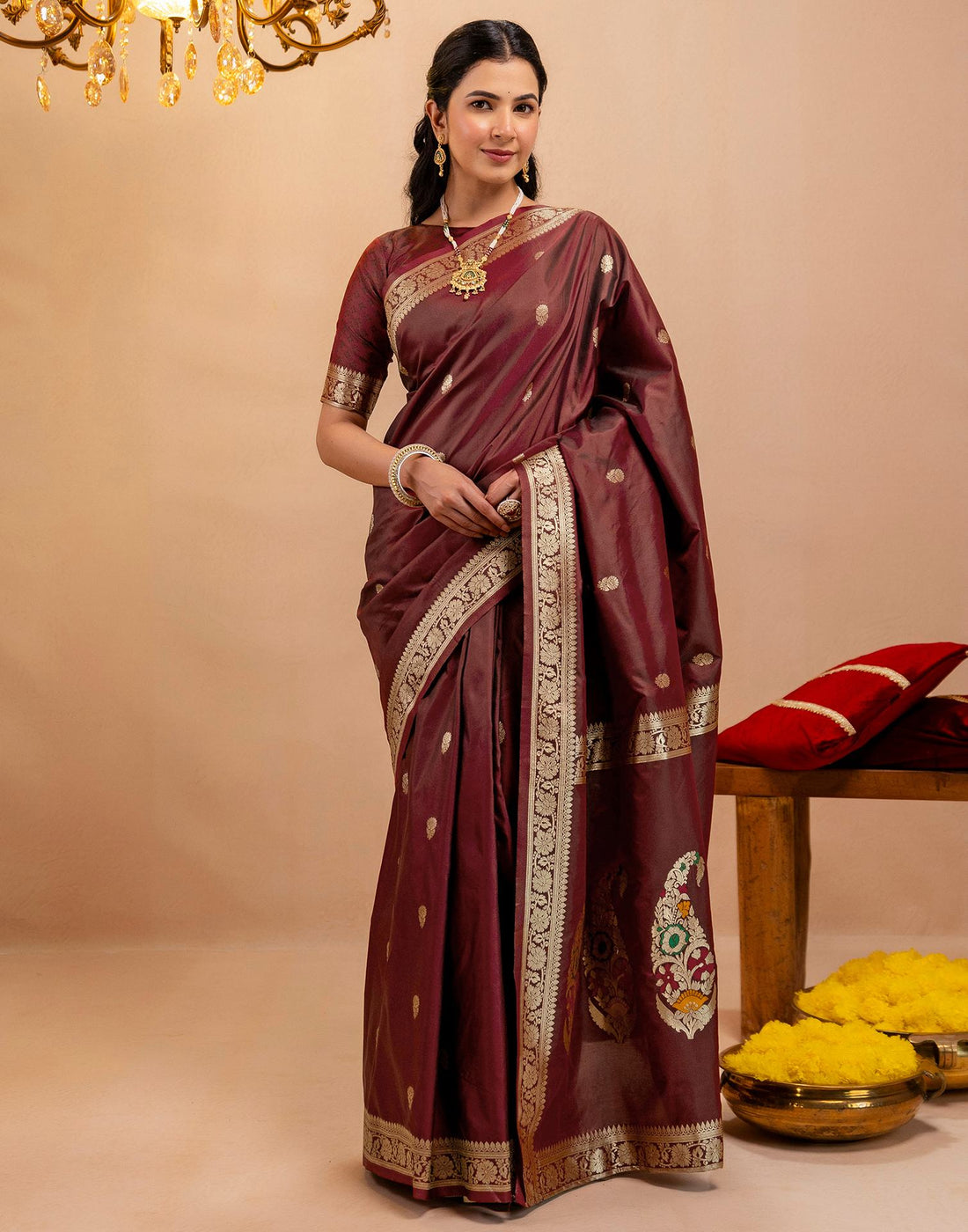 Maroon Silk Woven Banarasi Saree