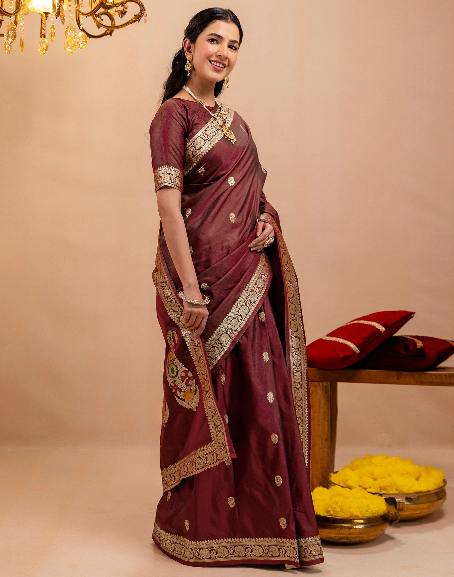 Maroon Silk Woven Banarasi Saree