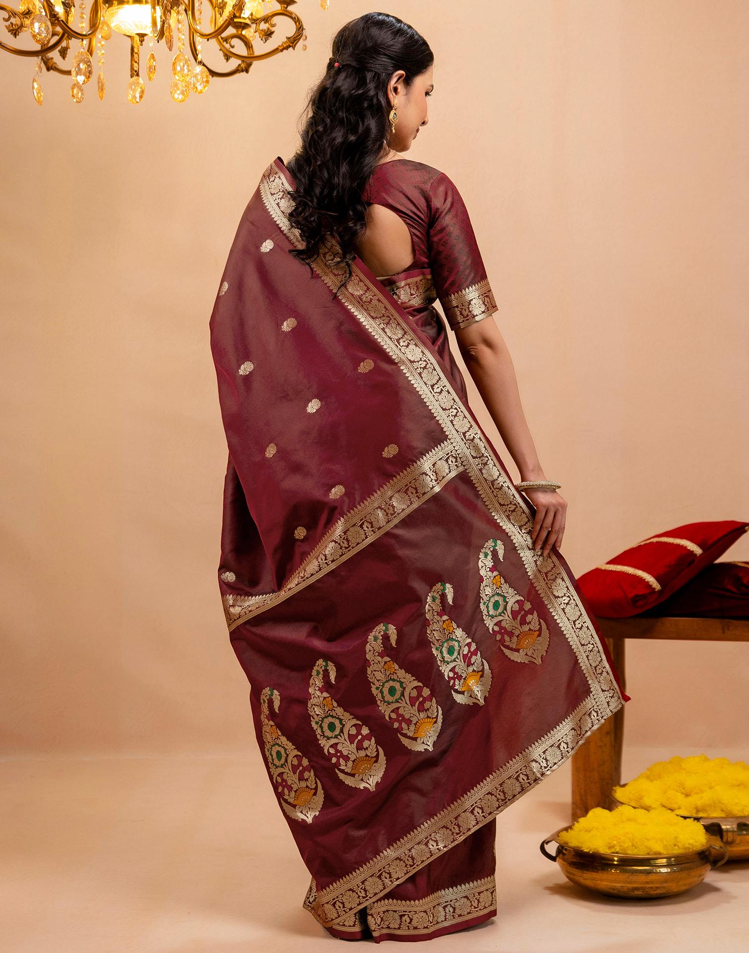 Maroon Silk Woven Banarasi Saree