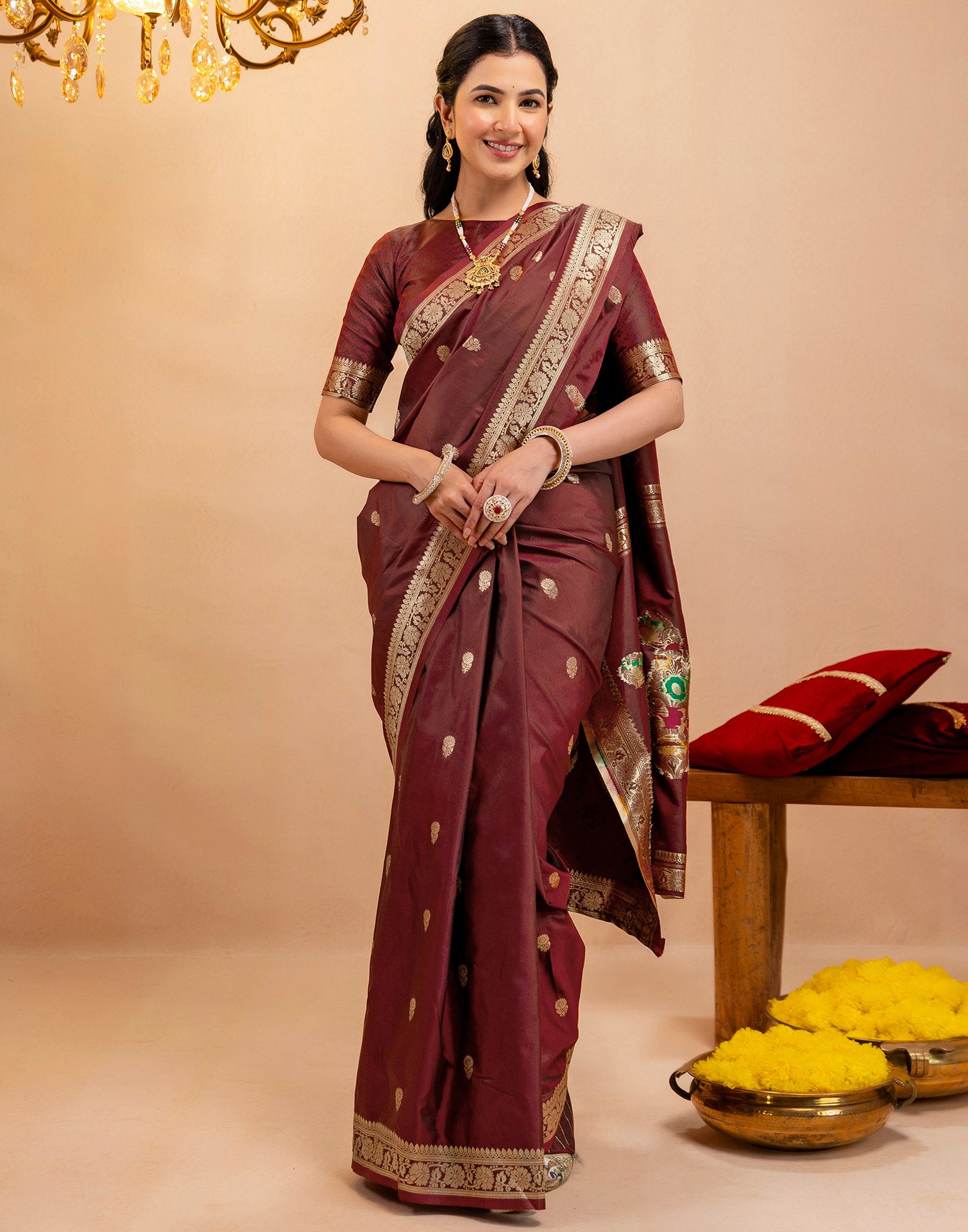 Maroon Silk Woven Banarasi Saree