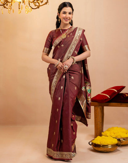 Maroon Silk Woven Banarasi Saree