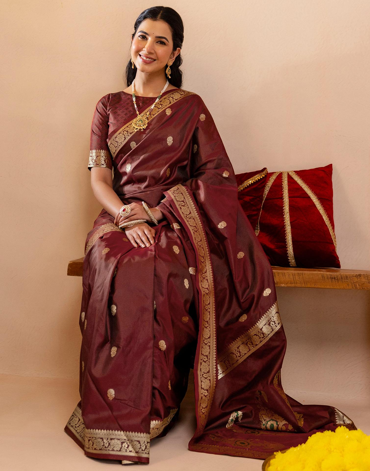 Maroon Silk Woven Banarasi Saree