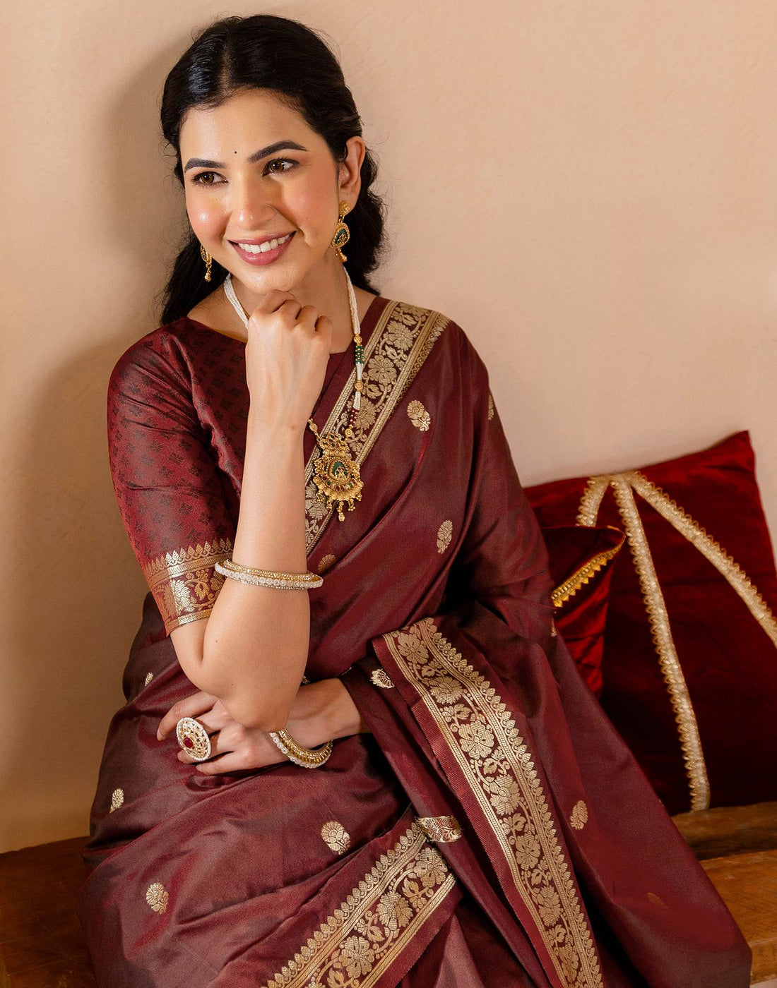 Maroon Silk Woven Banarasi Saree