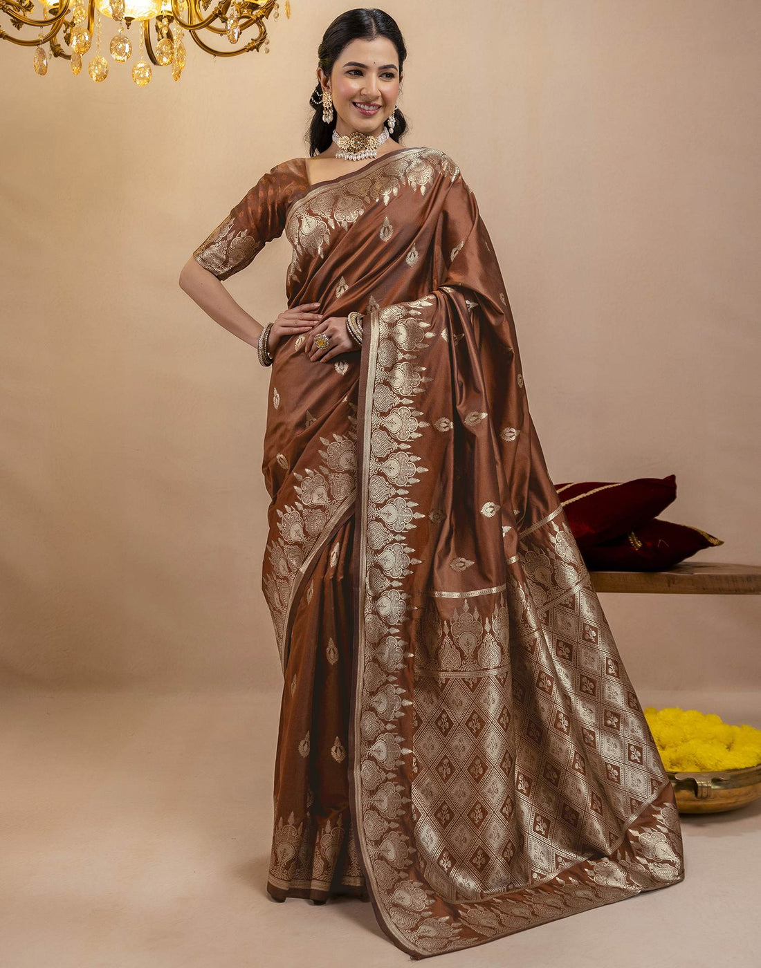 Brown Silk Woven Banarasi Saree