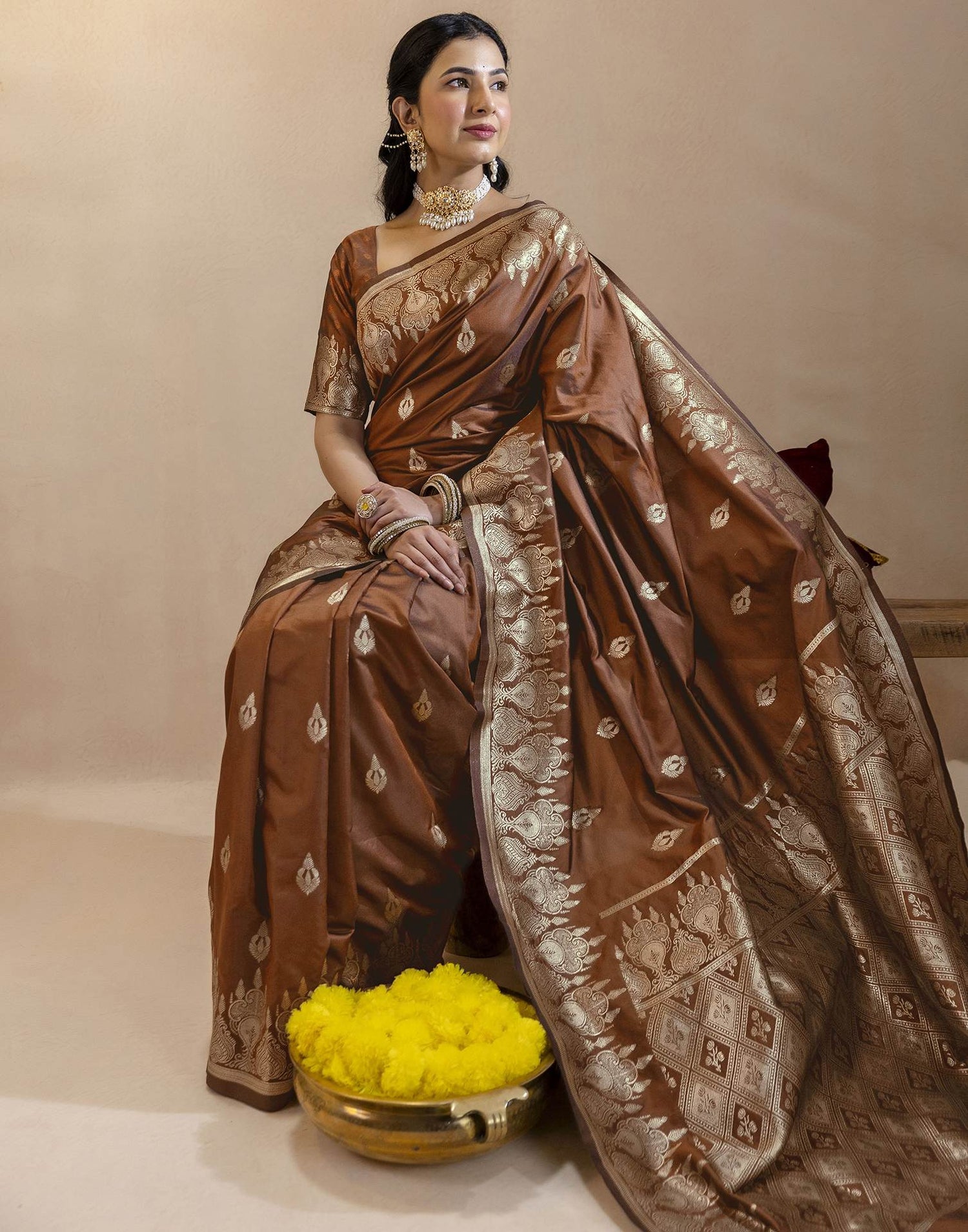 Brown Silk Woven Banarasi Saree