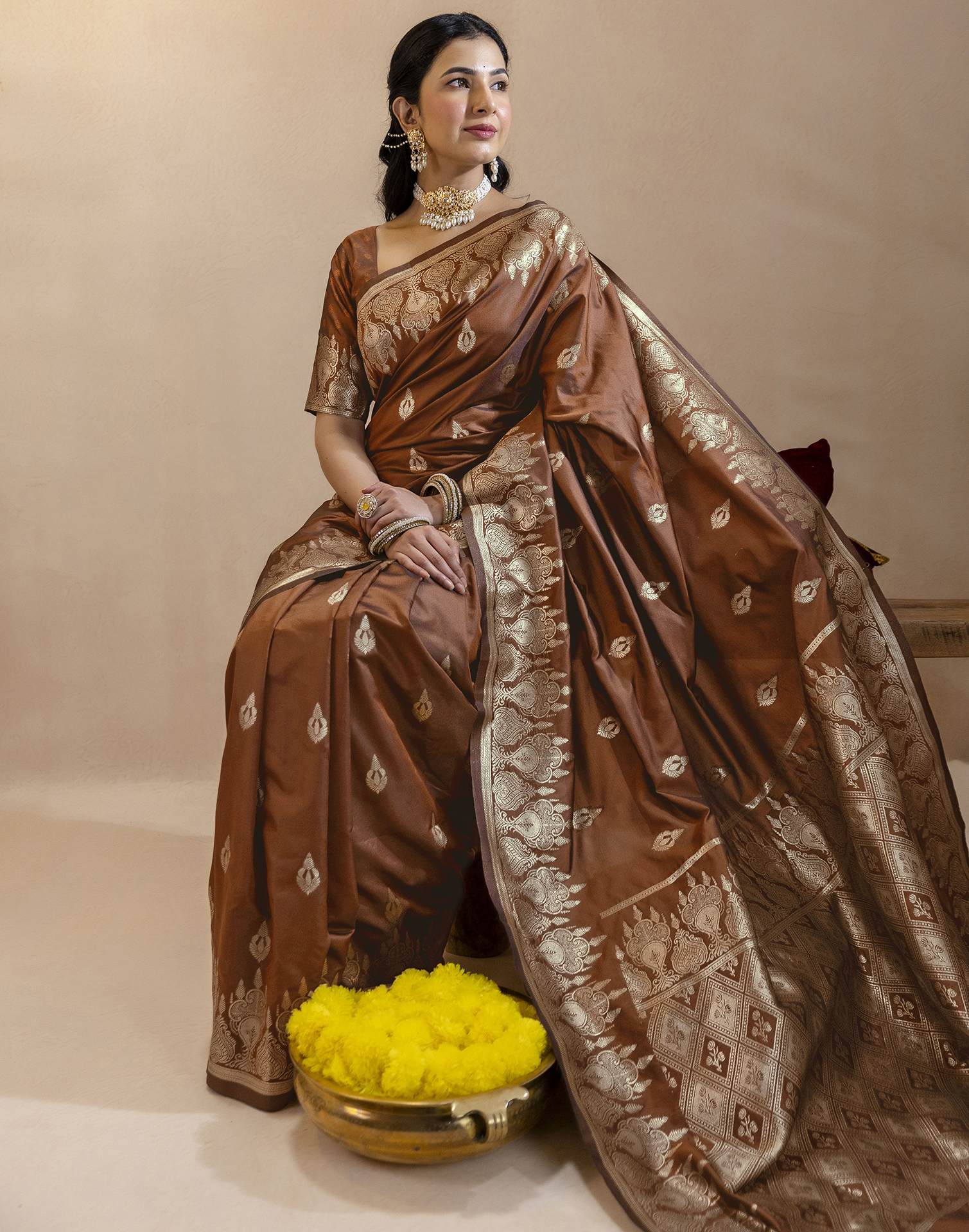 Brown Silk Woven Banarasi Saree