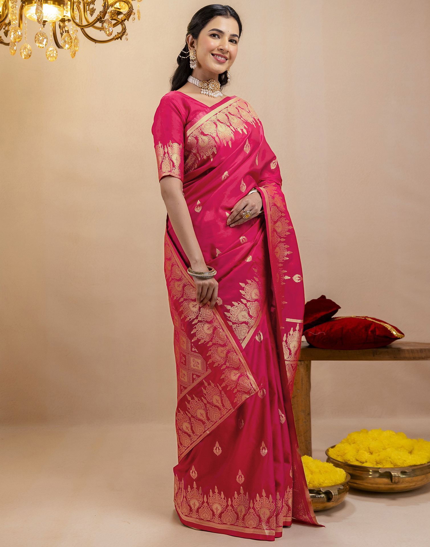 Pink Silk Woven Banarasi Saree