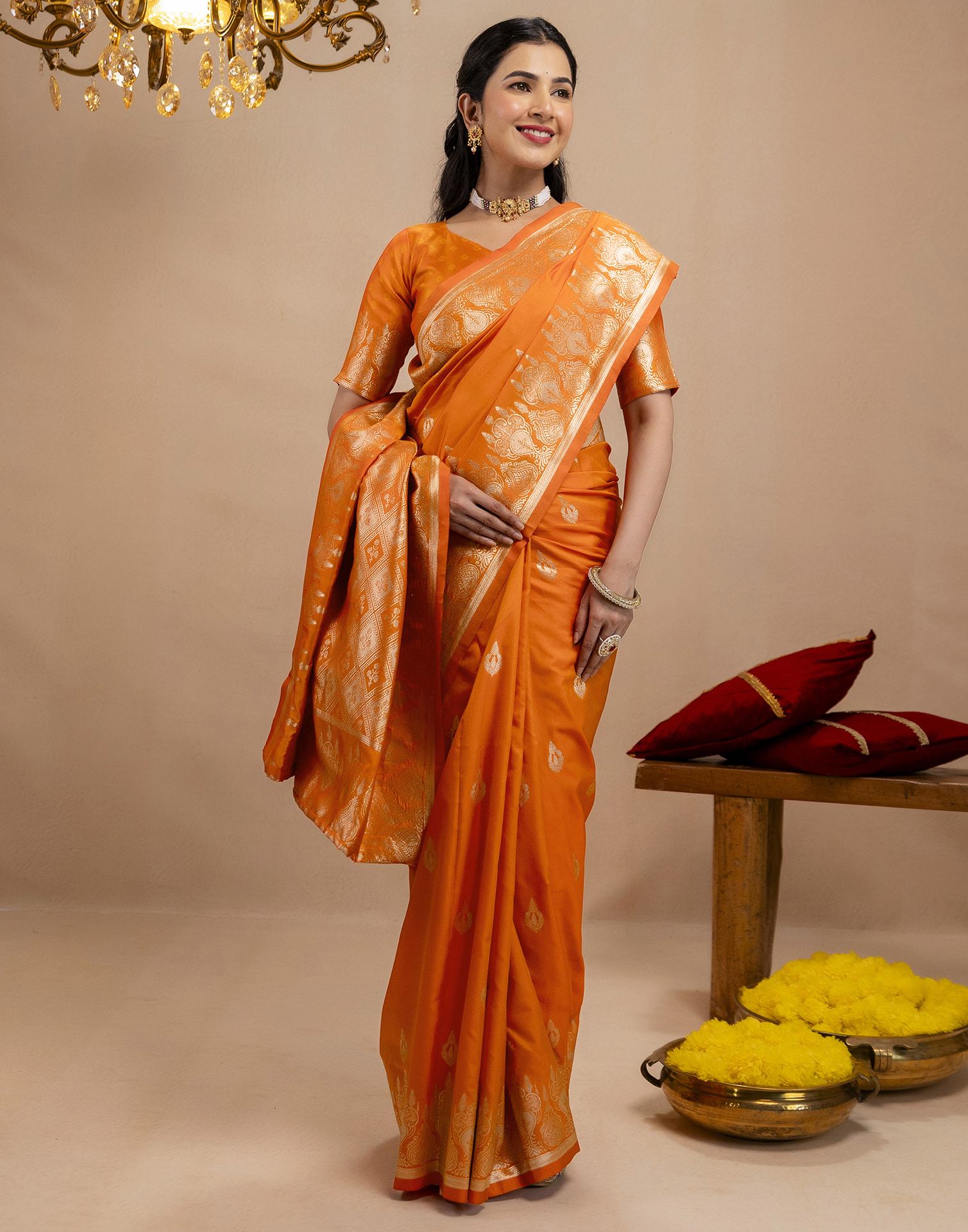 Orange Silk Woven Banarasi Saree