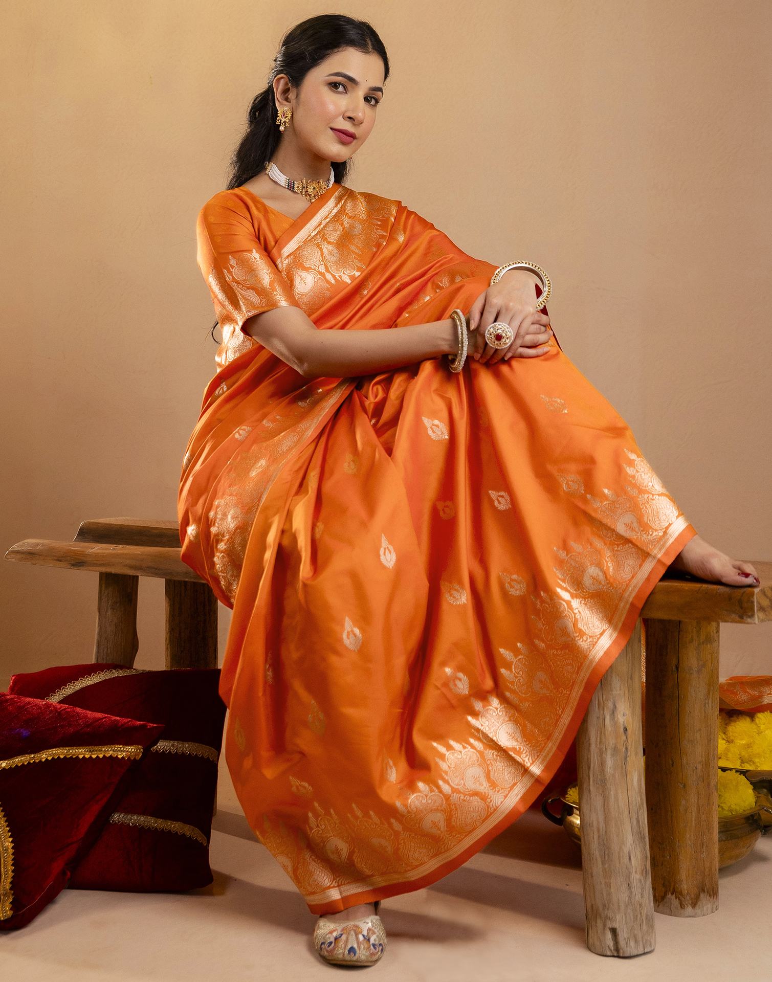 Orange Silk Woven Banarasi Saree