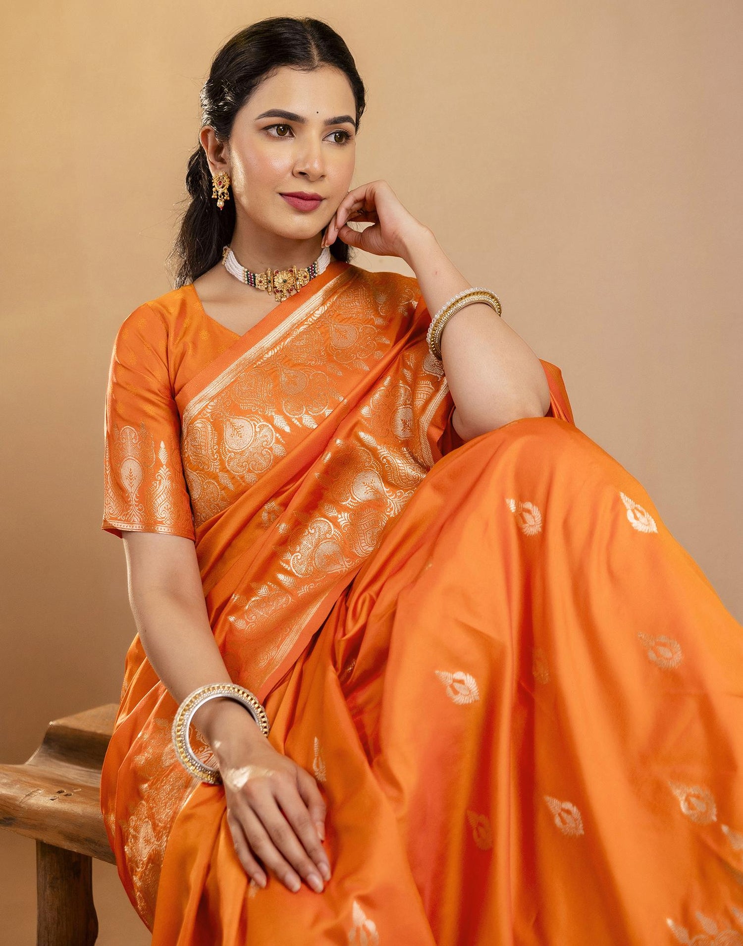 Orange Silk Woven Banarasi Saree