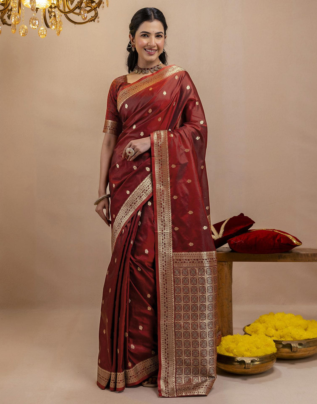 Dark Maroon Silk Woven Banarasi Saree