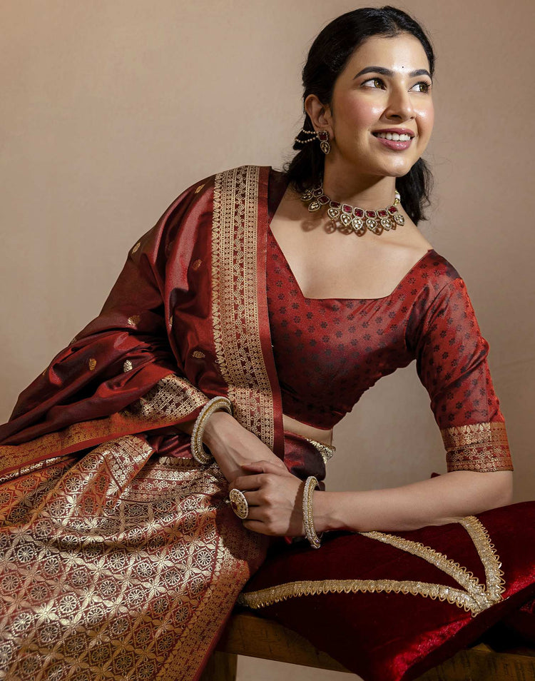 Dark Maroon Silk Woven Banarasi Saree
