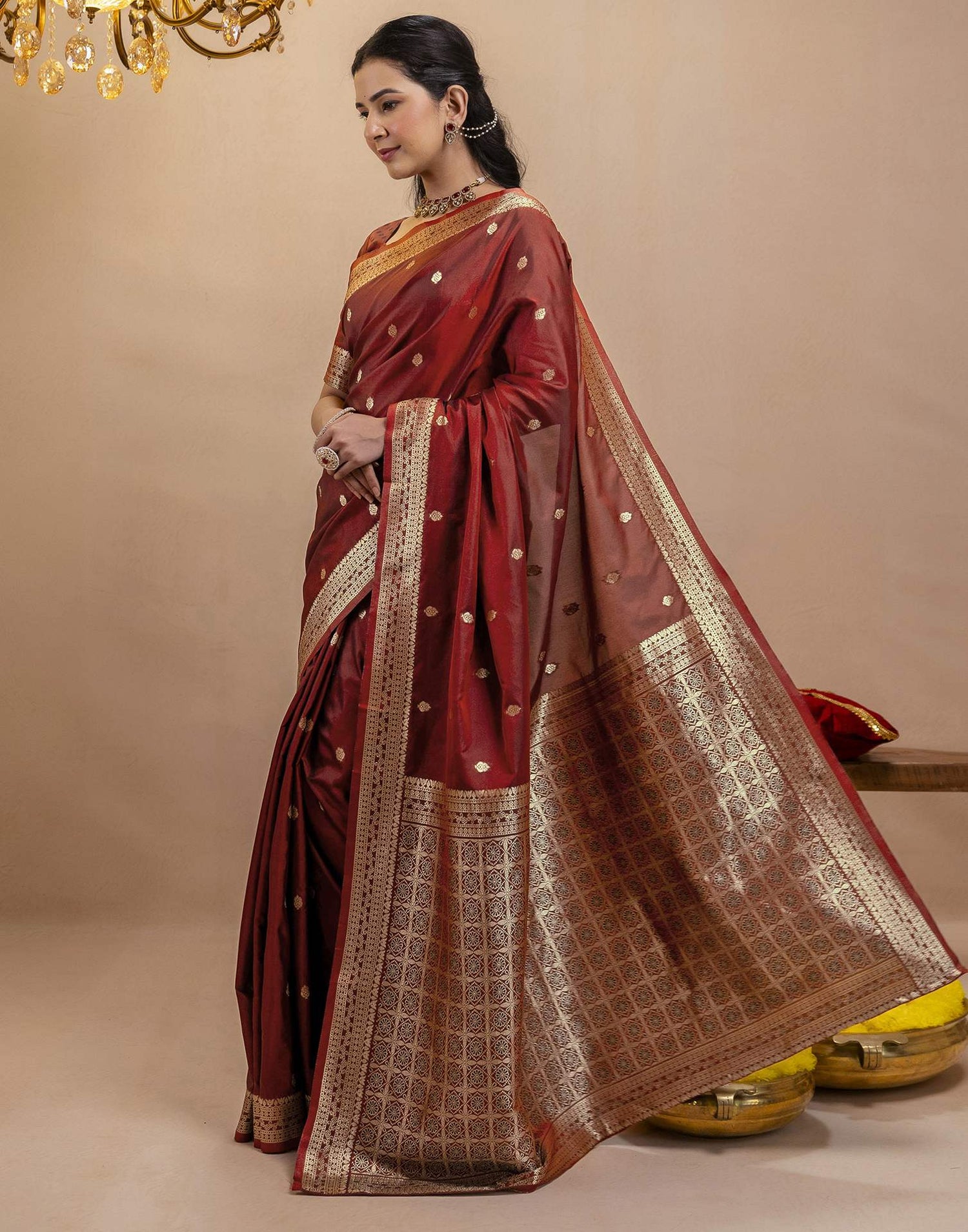 Dark Maroon Silk Woven Banarasi Saree