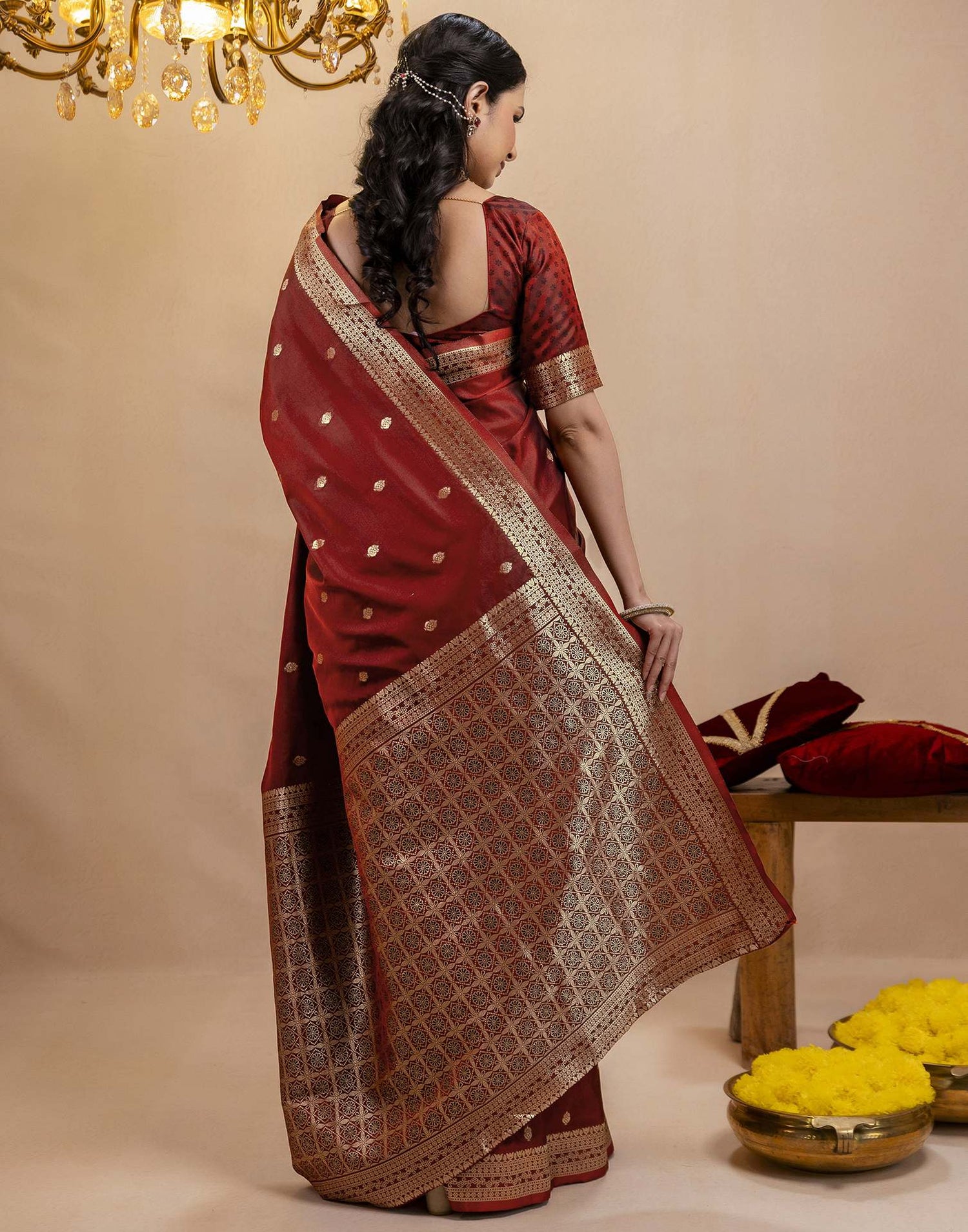 Dark Maroon Silk Woven Banarasi Saree