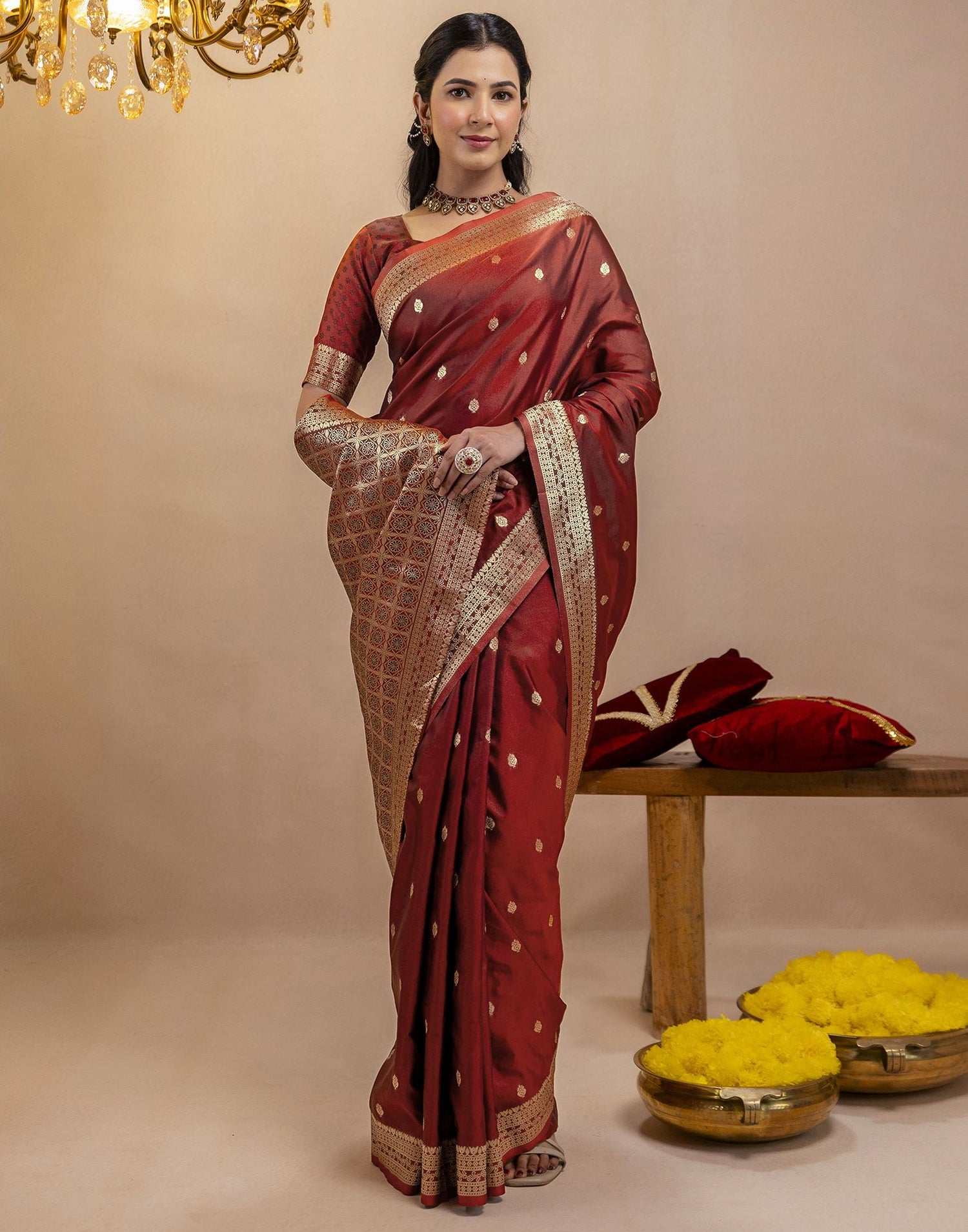Dark Maroon Silk Woven Banarasi Saree