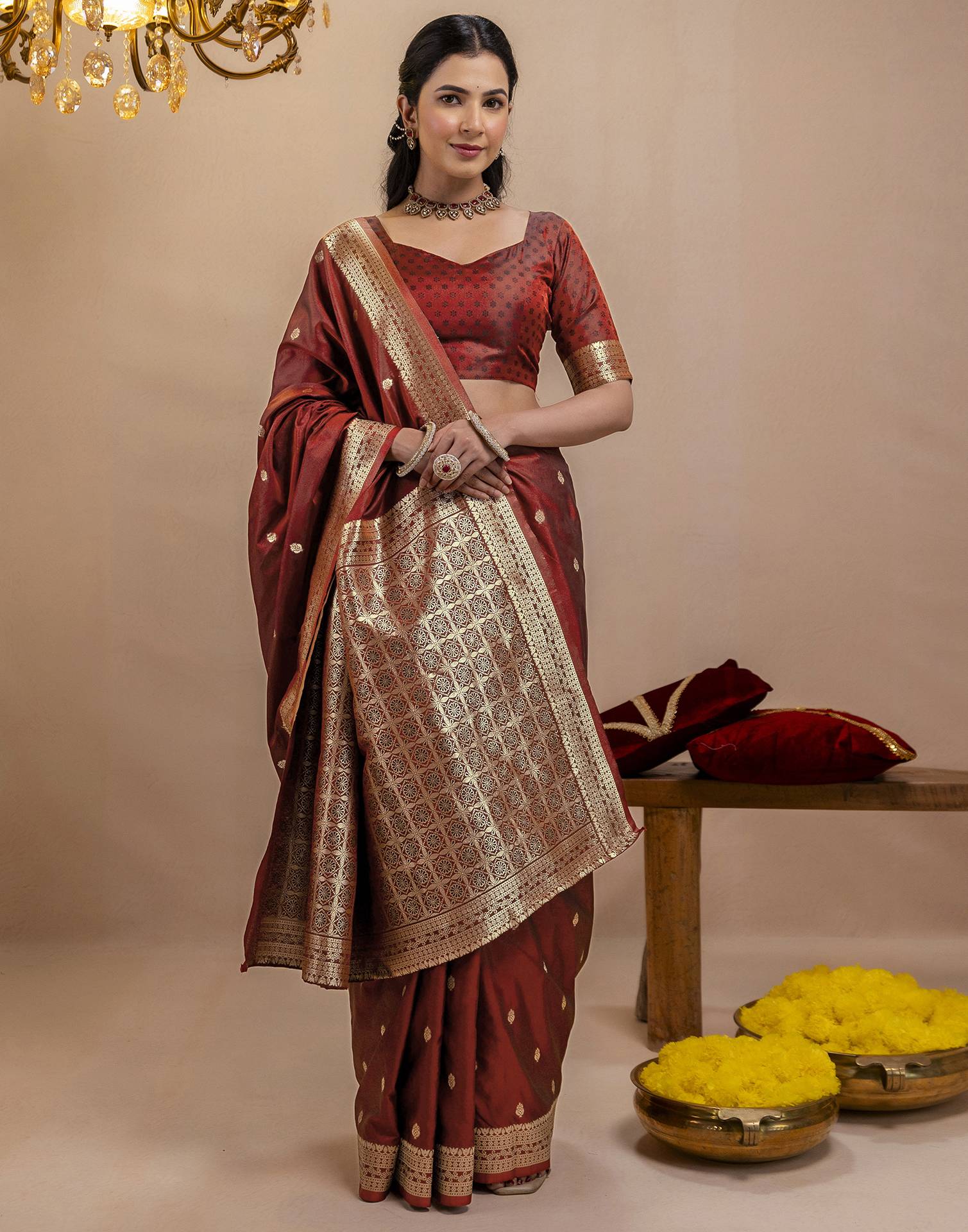 Dark Maroon Silk Woven Banarasi Saree