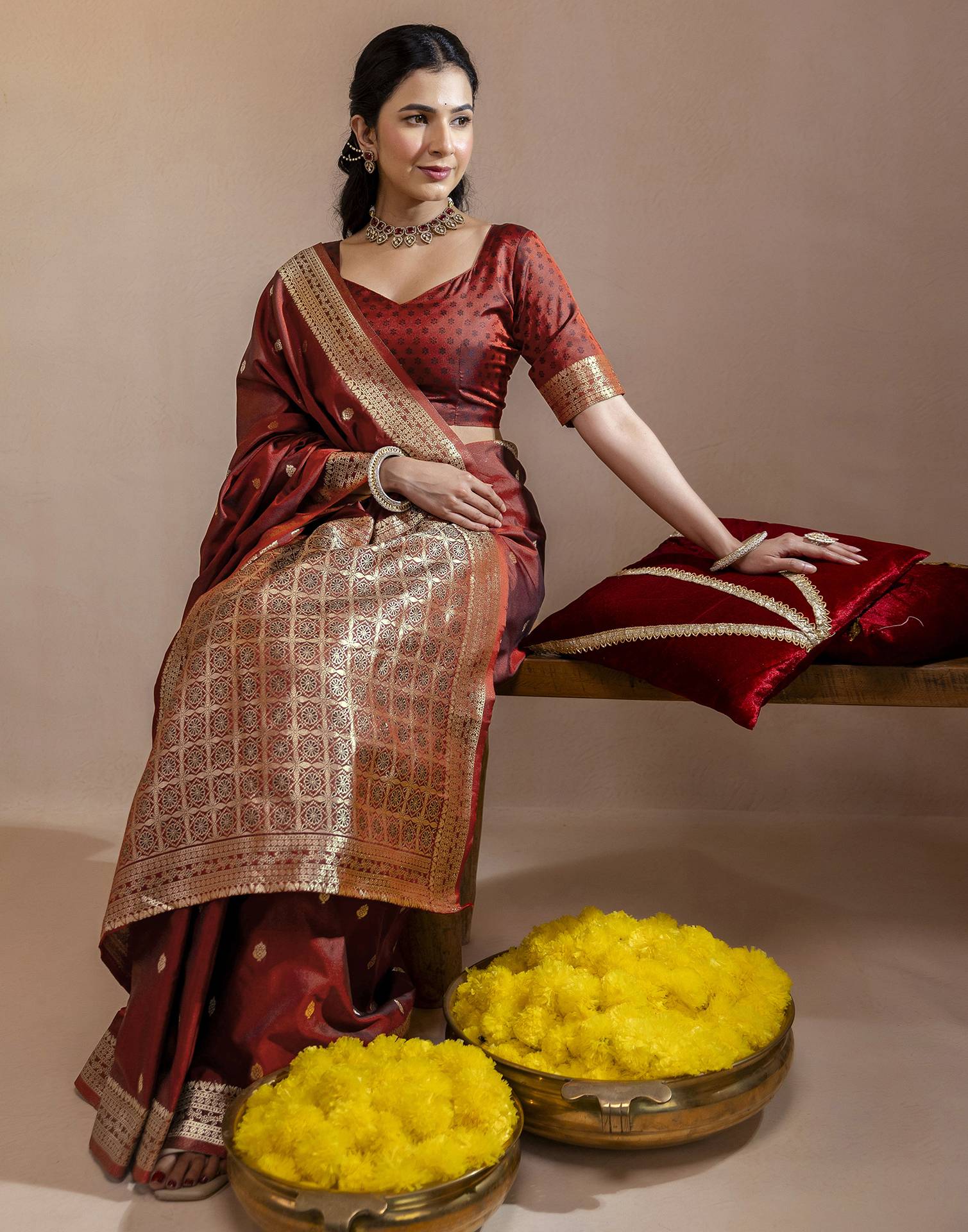 Dark Maroon Silk Woven Banarasi Saree