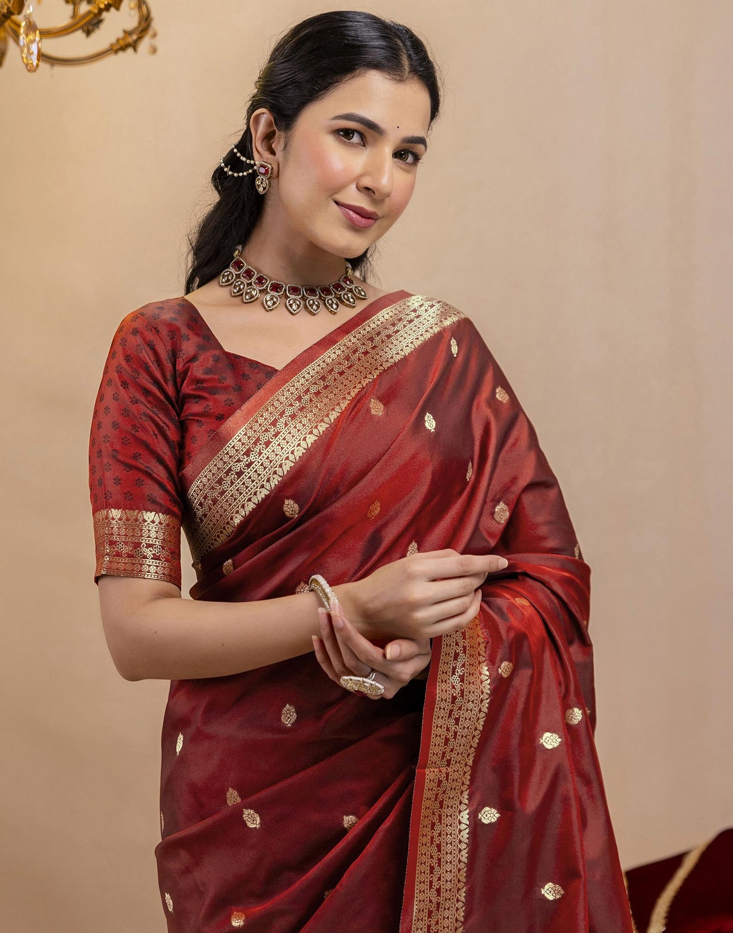 Dark Maroon Silk Woven Banarasi Saree
