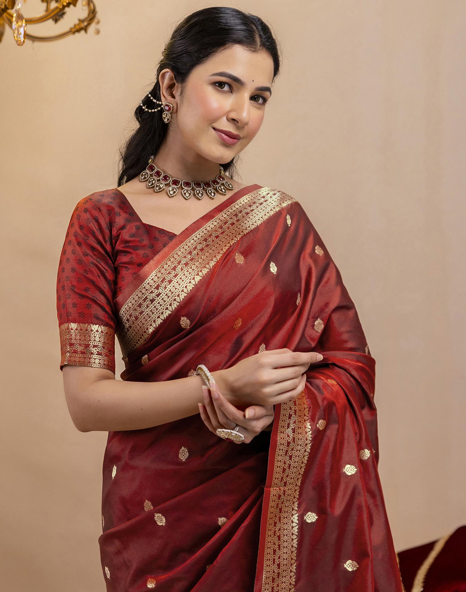 Dark Maroon Silk Woven Banarasi Saree