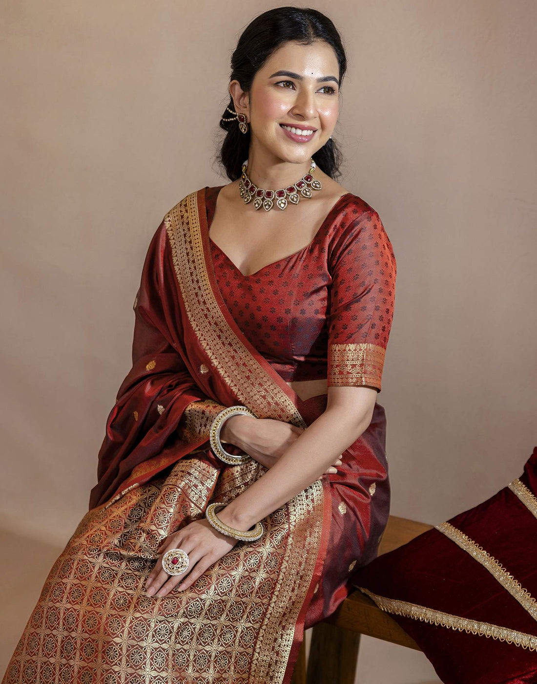 Dark Maroon Silk Woven Banarasi Saree