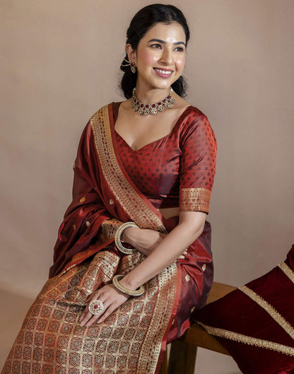 Dark Maroon Silk Woven Banarasi Saree