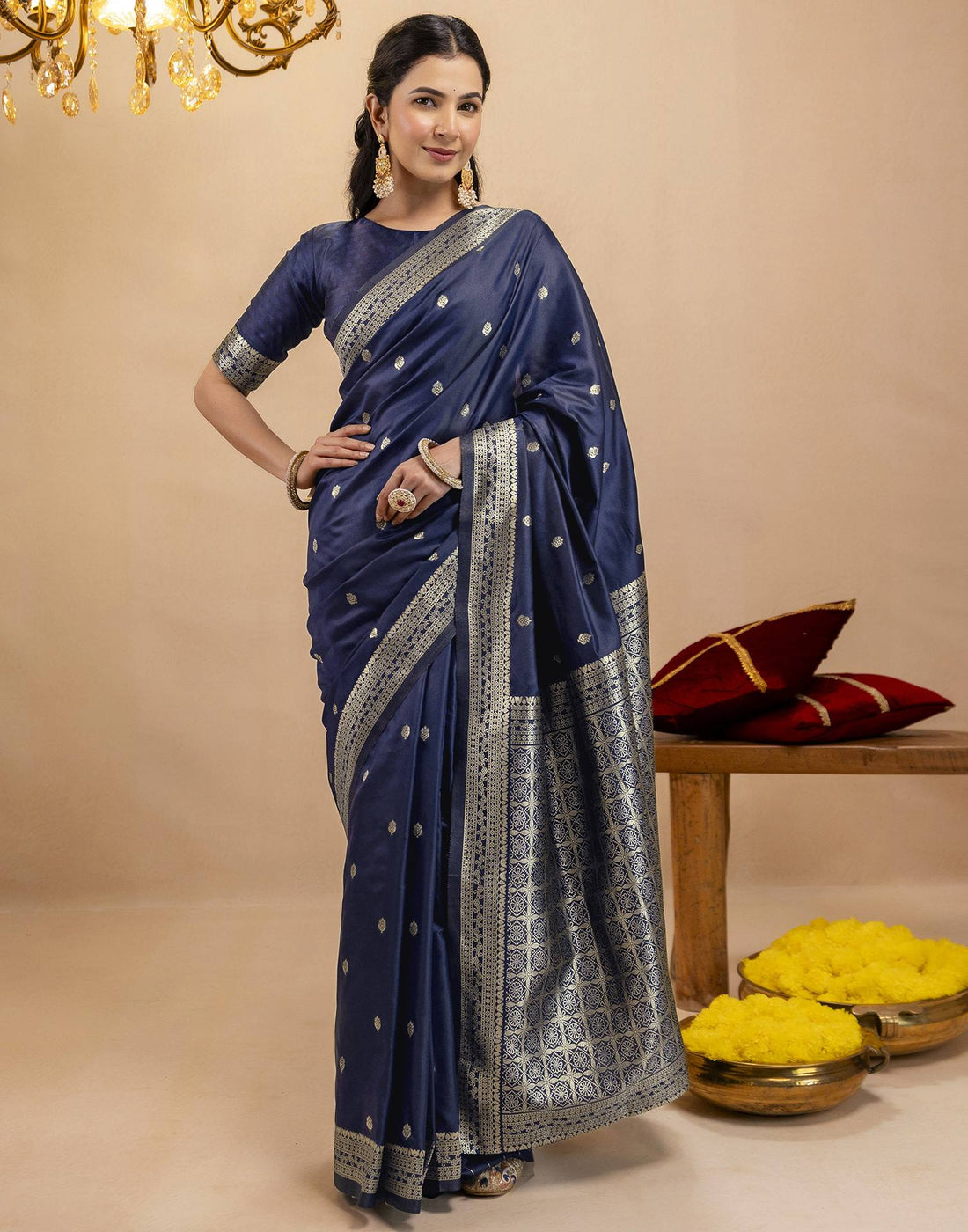 Navy Blue Silk Woven Banarasi Saree