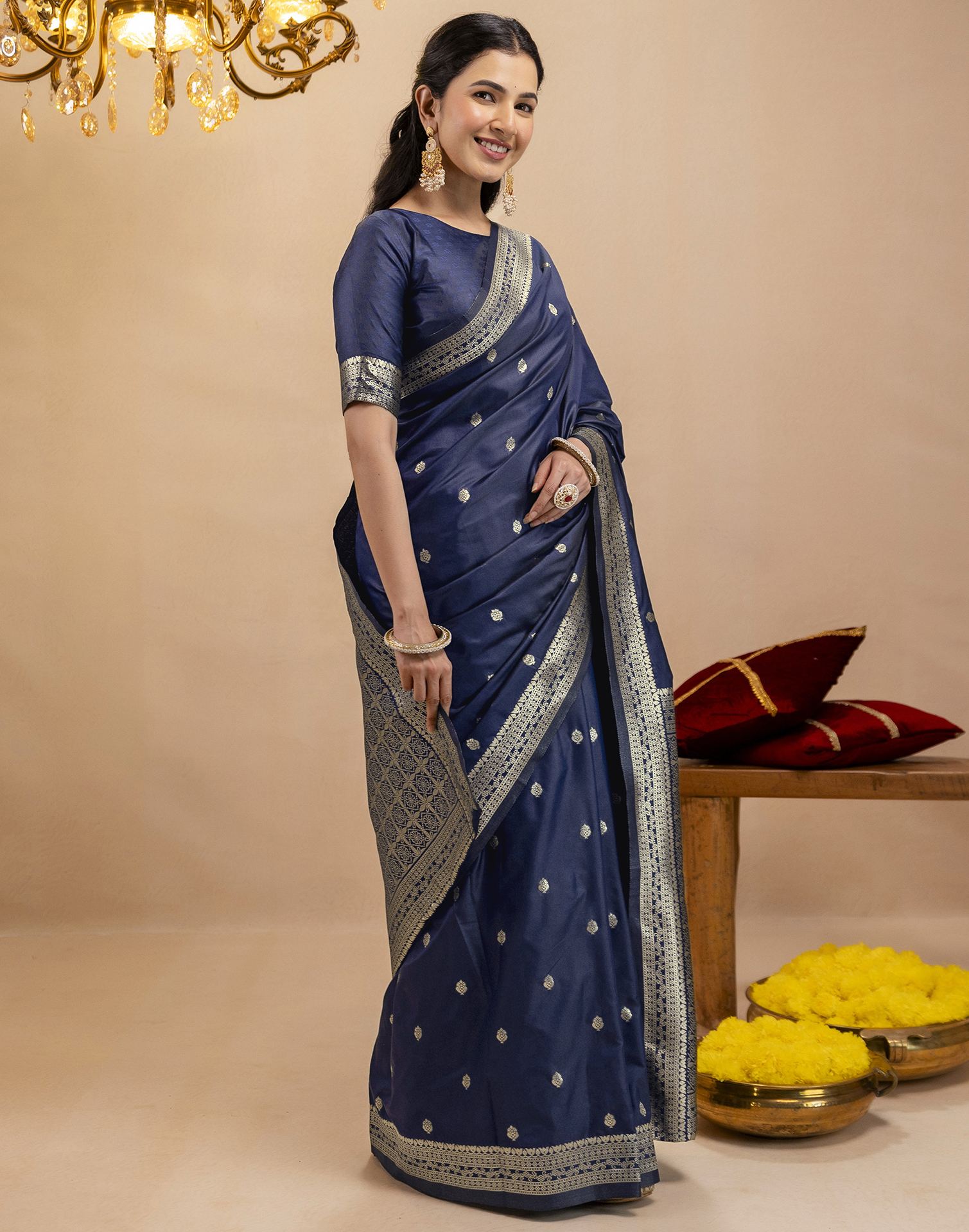 Navy Blue Silk Woven Banarasi Saree