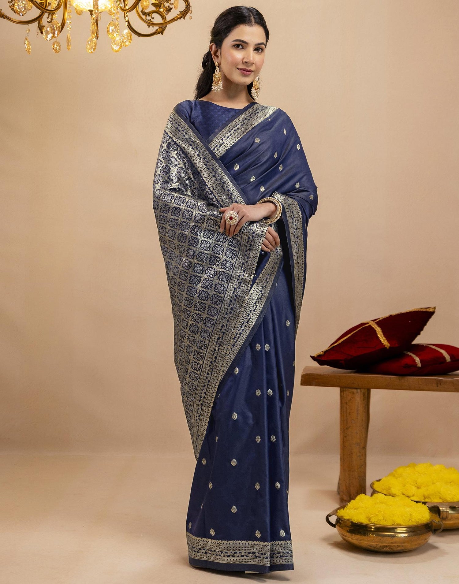 Navy Blue Silk Woven Banarasi Saree